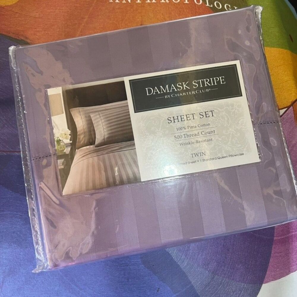 Charter Club 500 Thread Count Damask Stripe Twin Sheet Set Purple NEW!